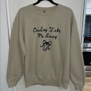 COWBOY TAKE ME AWAY Gildan Beige Graphic Crewneck Sweatshirt | L
